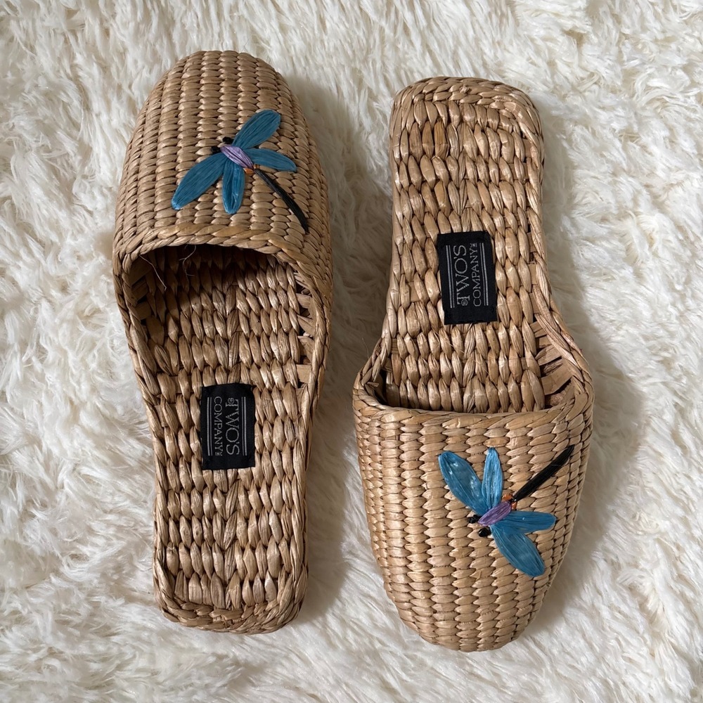 Two's Company Woven Straw Dragonfly Slippers Blue Embroidered Boho Mules 10in